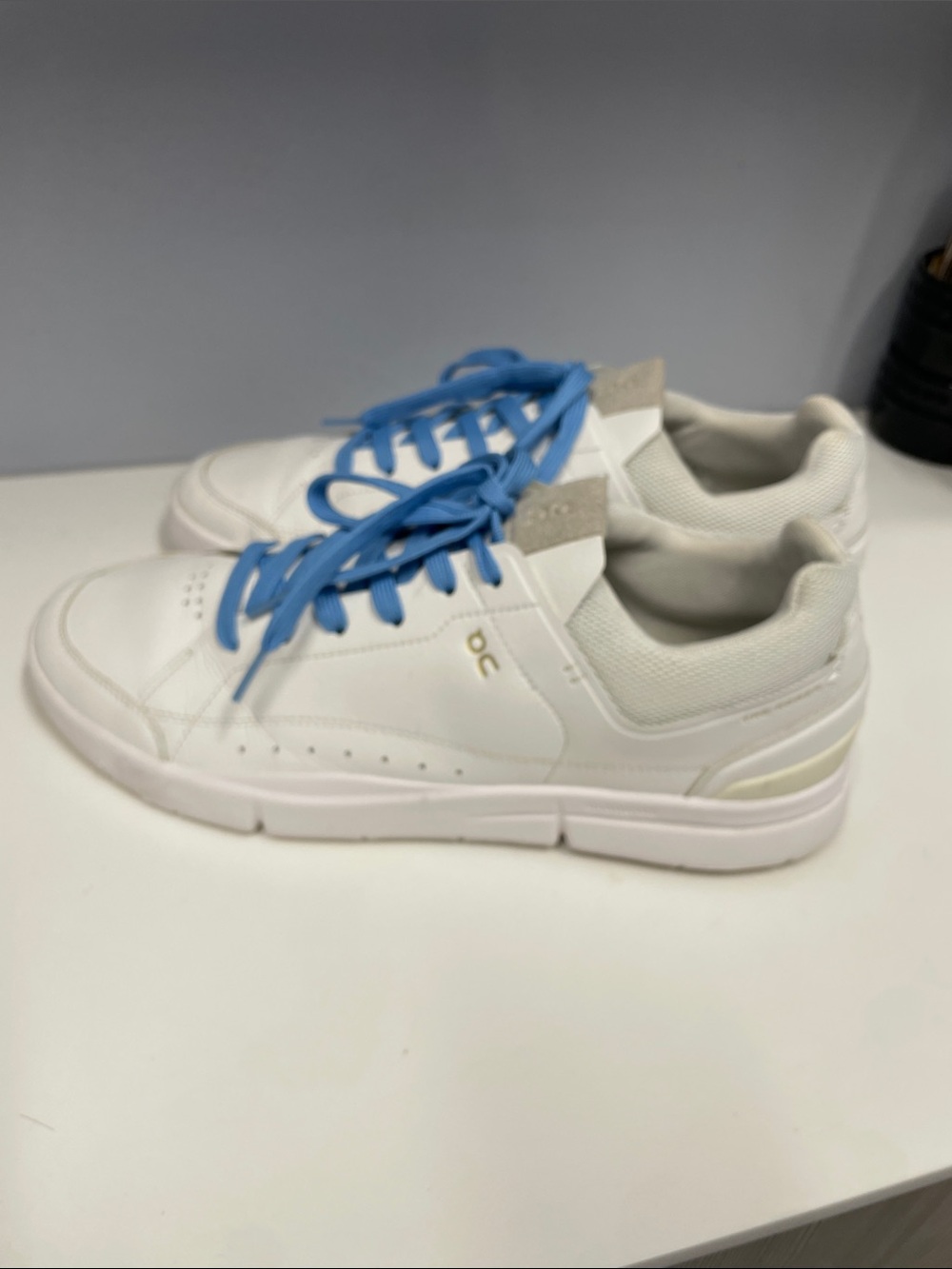 DC White Sneakers with Blue Laces and Gold Accent size. 12.5
